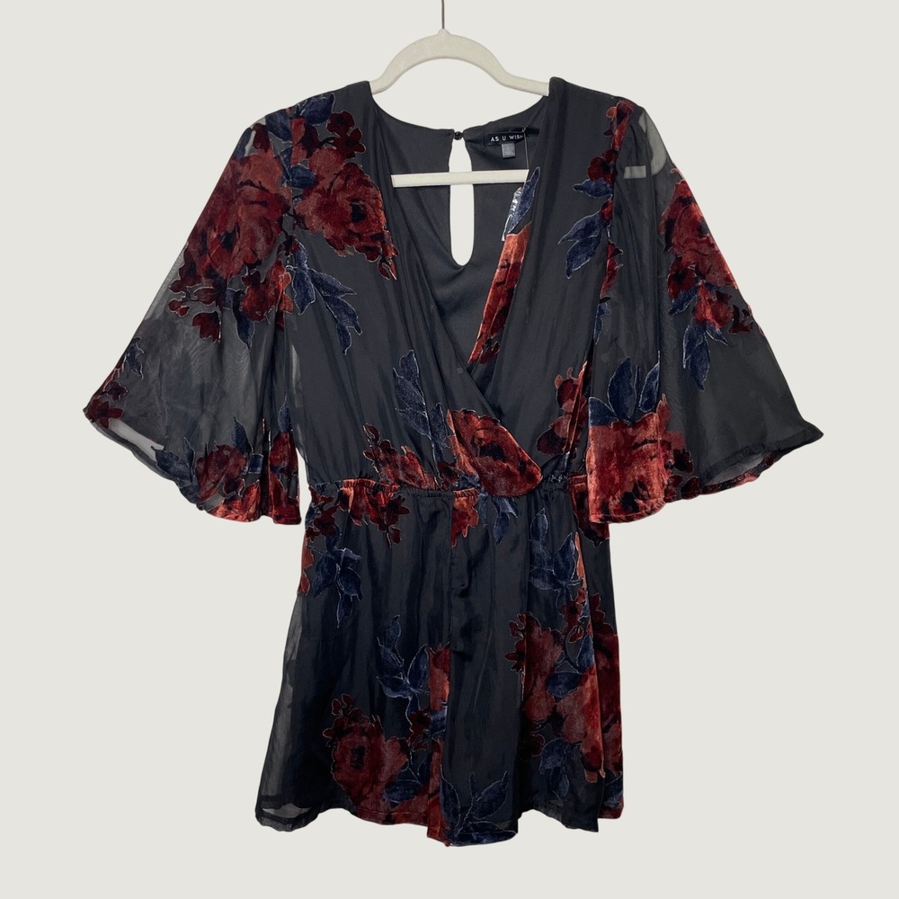 As U Wish Romper S Black Red Velvet Burnout Floral Bell Sleeve Goth‎ Romance